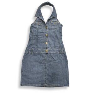 Forenza Dress Y2K Womens 12 Denim Halter Button Front Blue Jean Pockets VTG 90s